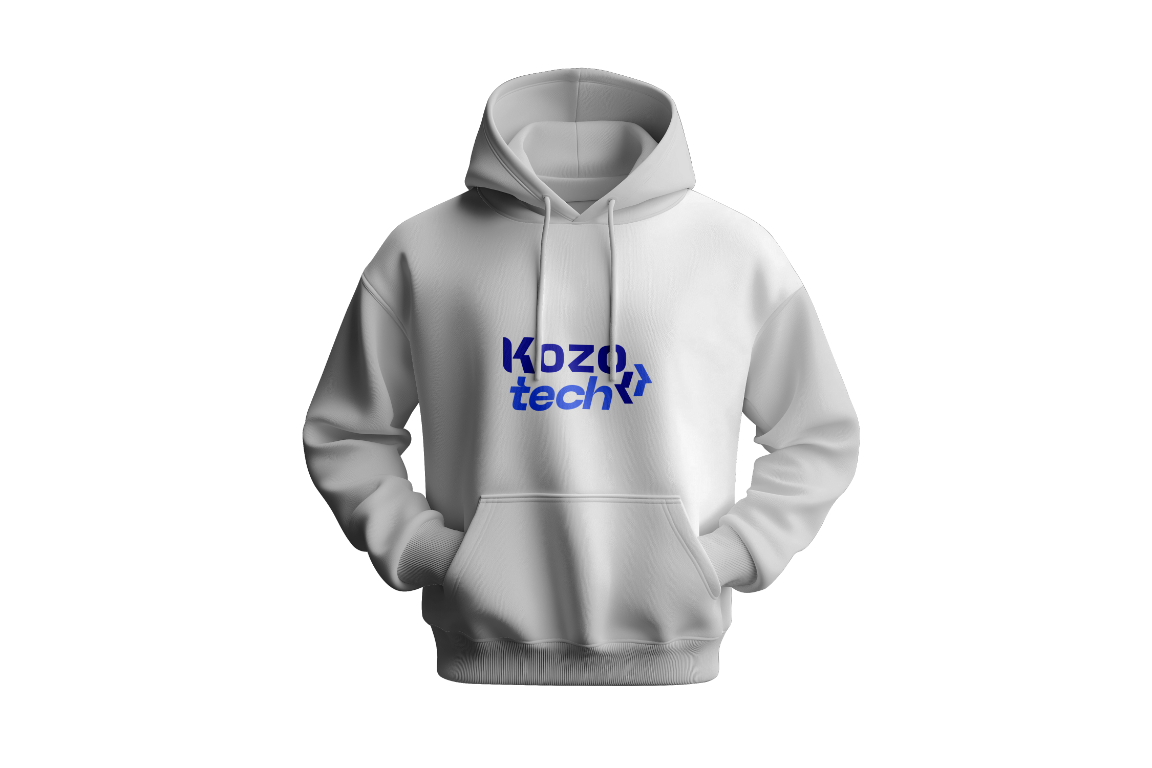 Sudadera blanca con la identidad visual de Kozo Tech