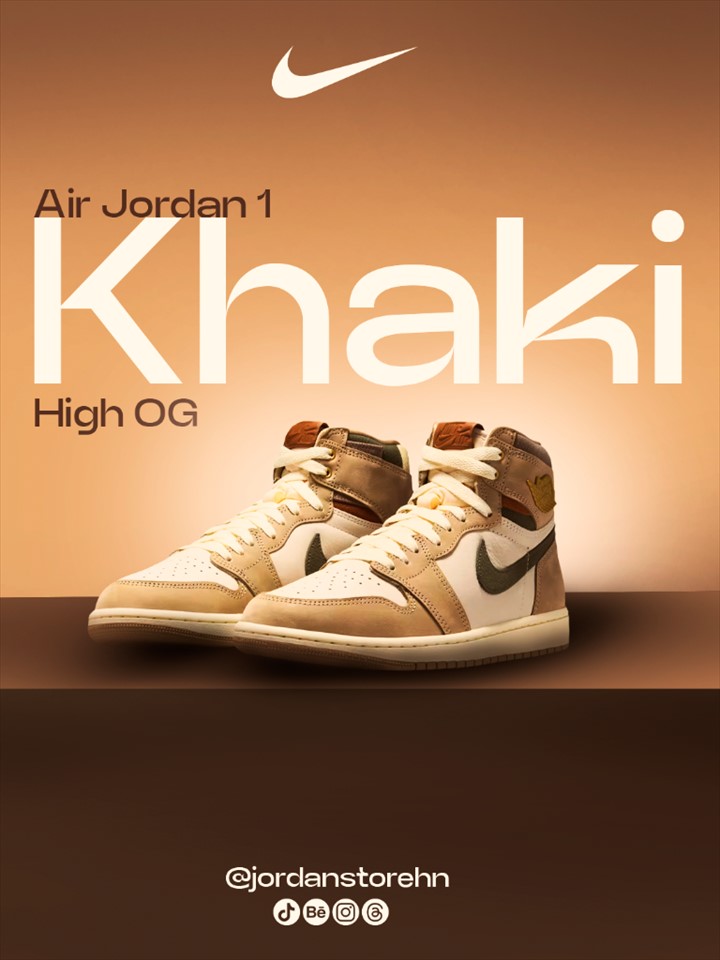 Dos zapatillas Air Jordan 1 High OG Khaki en una publicación de Jordan Store