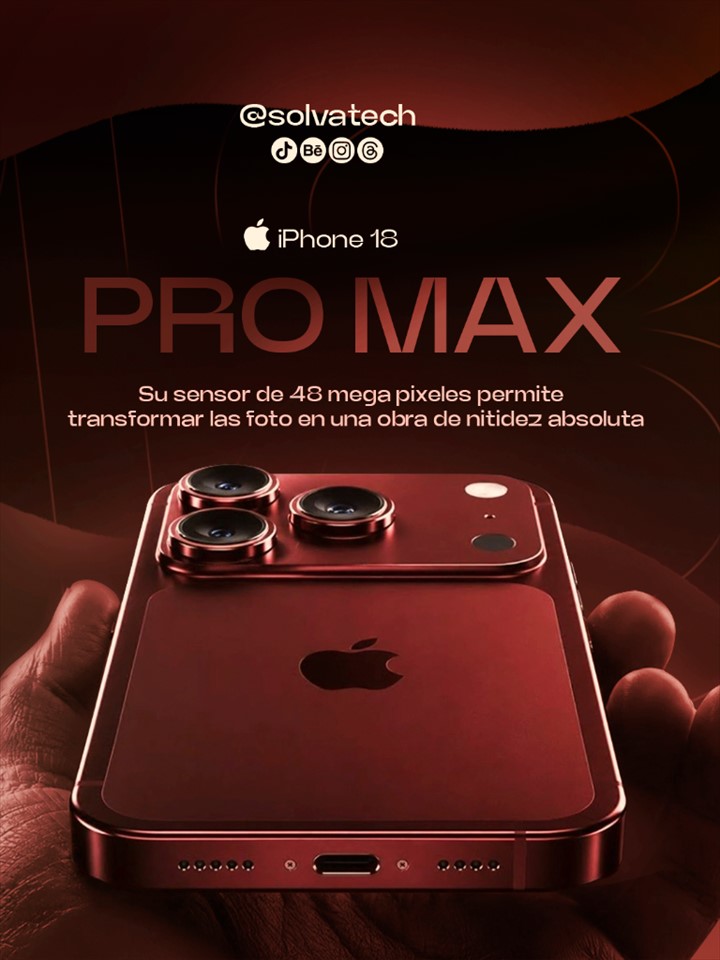 Anuncio de SolvaTech para iPhone 18 Pro Max en tono rojo oscuro
